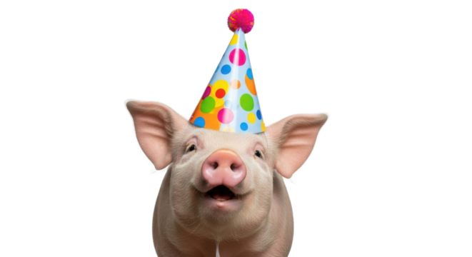 Funny pig wearing a party hat for a birthday celebration isolated PNG with Transparent Background