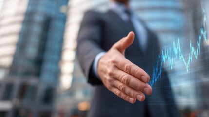 Businessman offering handshake with financial chart overlay