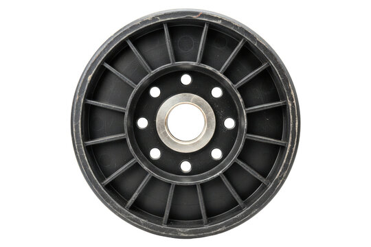 Black plastic idler pulley wheel with central metal bearing isolated on transparent background