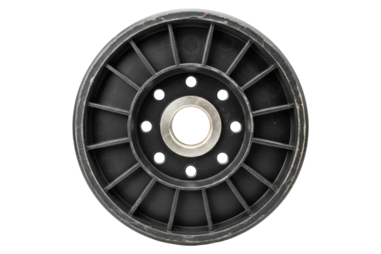 Black plastic idler pulley wheel with central metal bearing isolated on transparent background