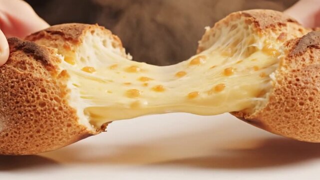 Hands Breaking Warm Brazilian Cheese Bread (Casulo) on White