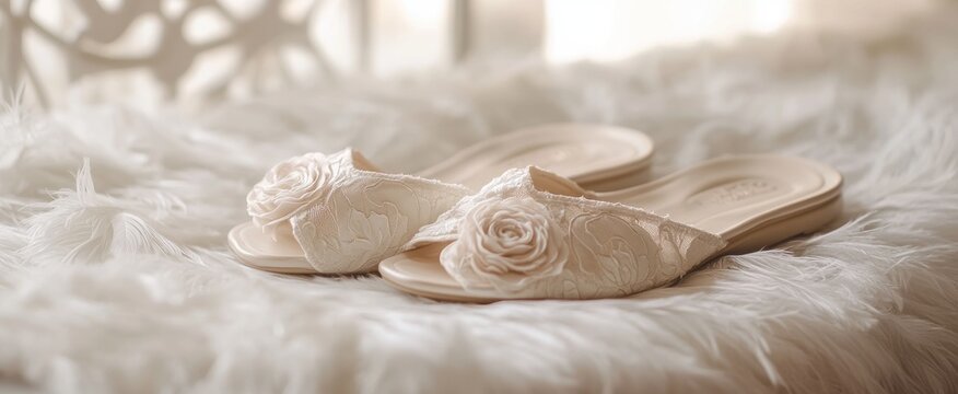 Elegant Bridal Slippers with Rose Embellishments on Fluffy White Bedding