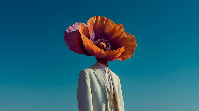 Man in suit with large poppy flower head