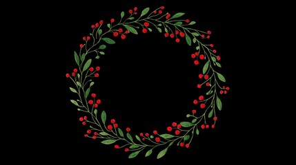 Christmas wreath composed of green leaves and red berries arranged in circular form on solid black background, presenting festive botanical decorative design for holiday-themed composition.