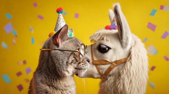 Funny cat and llama wearing party hats and glasses celebrating together isolated on yellow background with confetti