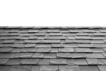 Perspective view of dark grey slate roof tiles texture isolated on transparent background