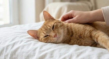 Close-up of a woman's hand petting a relaxed ginger cat lying on a white bed. Cute orange tabby enjoying affection, comfort, and bonding time at home.