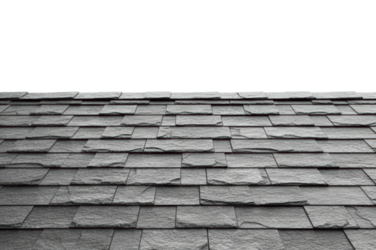 Perspective view of dark grey slate roof tiles texture isolated on transparent background
