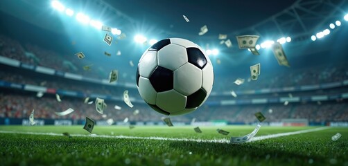 Soccer ball floating above green grass field in stadium. US dollars falling from the sky. Night scene with bright stadium lights. Sports betting and financial concept.