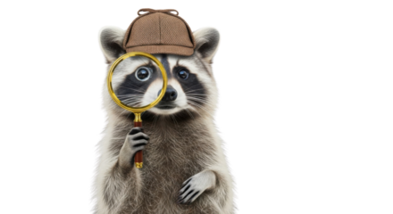 Raccoon detective wearing a hat and holding a magnifying glass isolated PNG with Transparent Background
