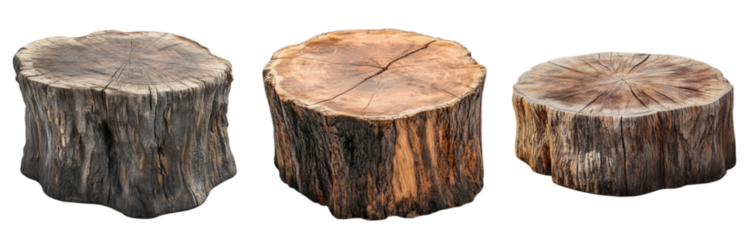Three unique tree stumps, showcasing various textures and patterns. Each stump is distinct in its appearance, with visible wood grain and natural imperfections. - Powered by Adobe
