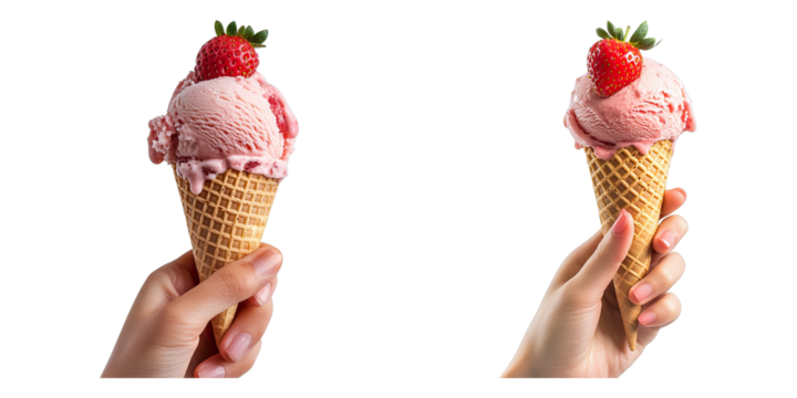 Two hands holding strawberry ice cream cones, featuring a perfect summer treat