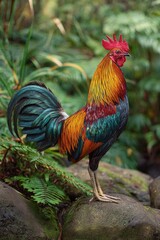 Fototapeta premium Colorful rooster standing proudly on rock with lush green foliage