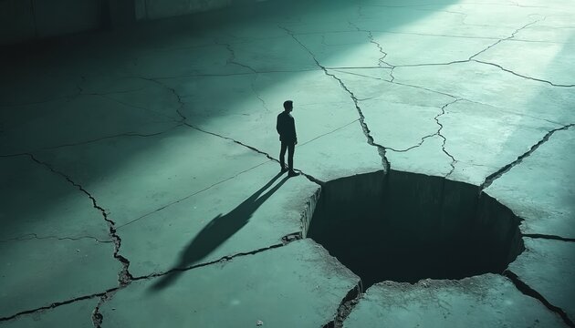 Solitary man stands on fractured concrete surface beneath dramatic light. Deep crack dominates ground creating sense of isolation, ruin. Scene conveys bleakness despair, forgotten existence in urban