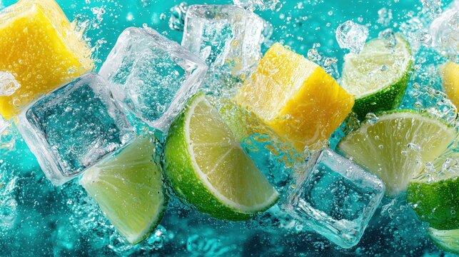 Splash of Ice Cubes with Lemon and Lime Slices in Water for Refreshing Beverage Design
