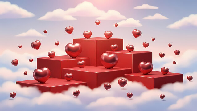 Romantic 3D scene with glossy red hearts on podiums floating among dreamy clouds. - Powered by Adobe