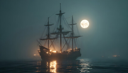 Obraz premium ship in a misty sea under a full moon. The ship, with its tall masts and sails, is illuminated by the moonlight, casting a soft glow on its hull