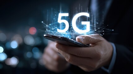 Hand holding smartphone with glowing 5G network