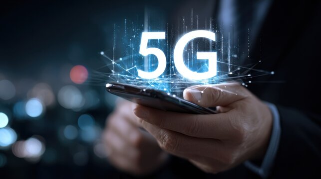 Hand holding smartphone with glowing 5G network