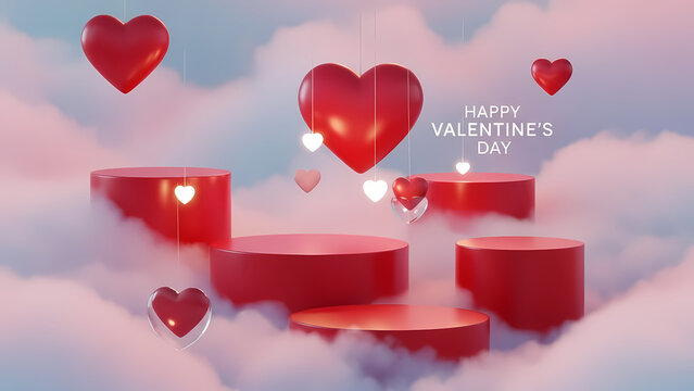 A romantic Valentine's Day scene with red heart balloons and podiums floating on soft pink clouds.