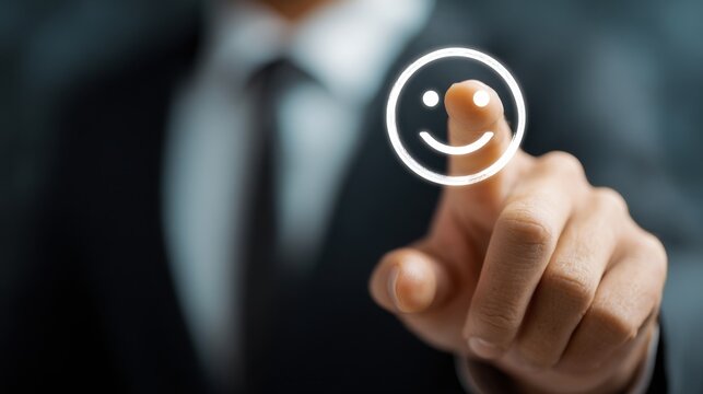 Hand pressing happy face on screen