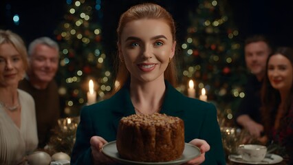 A smiling young woman holds a festive nut-topped cake, sharing it with guests at an elegant Christmas dinner, illuminated by soft candlelight and tree lights.