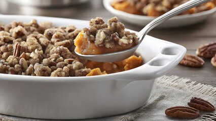 A decadent close-up of creamy sweet potato mash, generously topped with brown sugar streusel and crunchy whole pecans, served on a rustic wooden table.