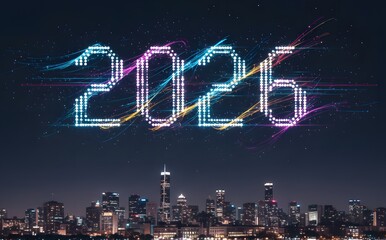 A dazzling, colorful drone light show forms the year "2026" in the night sky with vibrant light trails over a sparkling city skyline.