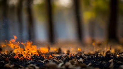 Small intense flames consume dry leaves and debris on a scorched forest floor, symbolizing wildfire danger, climate change, and environmental destruction in a dark atmospheric scene.