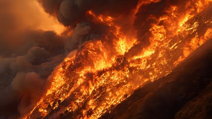 Uncontrolled fierce wildfire blaze engulfing a dry hillside, creating dramatic walls of orange flame and huge plumes of dark black smoke. Represents disaster, heat and crisis.