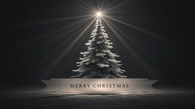Merry Christmas elegant black and white Christmas tree with starburst light rays, shiny texture and festive text on dark backdrop, creating atmospheric holiday decorative composition.