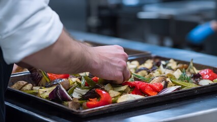 A chef's hand carefully places red peppers and assorted roasted vegetables on a metal tray, demonstrating culinary skill in a modern professional kitchen environment.