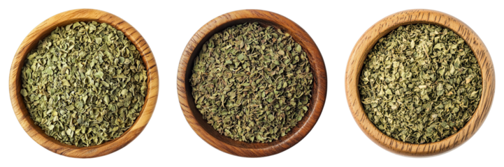 Three bowls filled with dried herbs, each offering a unique presentation of flavor and texture