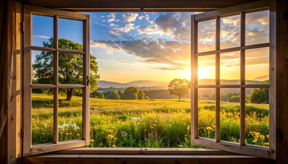 Open window view to golden field and distant hills at sunset