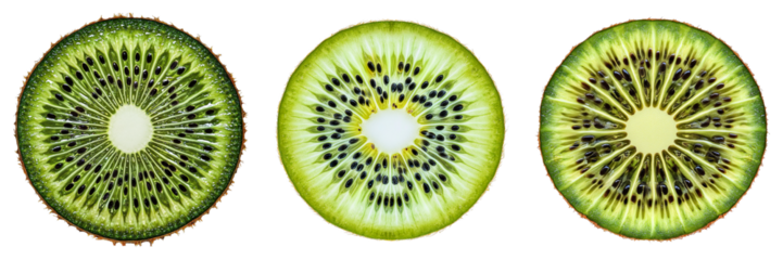 Close-up shot of three sliced kiwis, revealing their vibrant interior. The kiwi slices offer a refreshing, healthy look