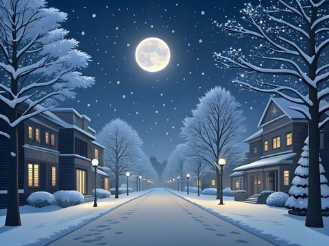 Snowy street scene at night illuminated by a full moon creating a peaceful winter atmosphere - Powered by Adobe