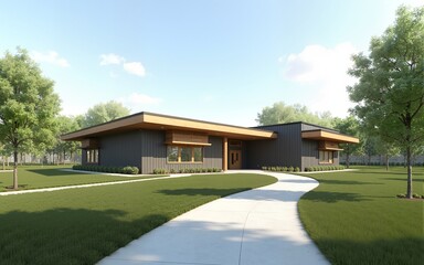3d render of a simple modern community center in a park setting. High quality