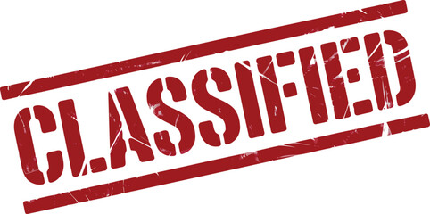 Weathered red grunge classified text stamp positioned diagonally on a clear white surface