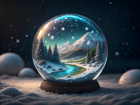 Winter landscape inside a snow globe featuring mountains trees and a river a magical Christmas decor - Powered by Adobe