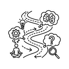 Line art icon illustrating the complex process of problem solving, critical thinking, and idea generation isolated on