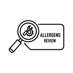 Allergens review concept with magnifying glass, wrench, gear for food safety, ingredient analysis