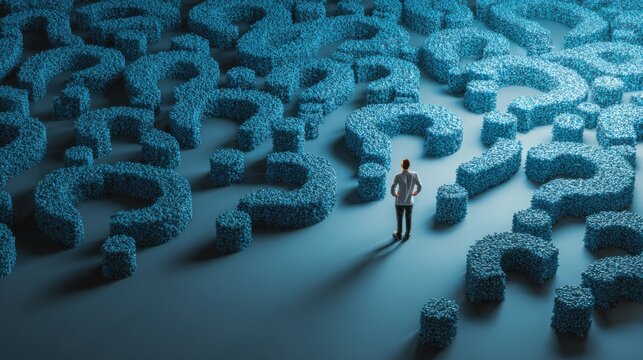 Man surrounded by a sea of blue question marks - Powered by Adobe