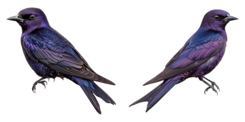 Two birds exhibiting their stunning purple and indigo plumage, isolated against a background