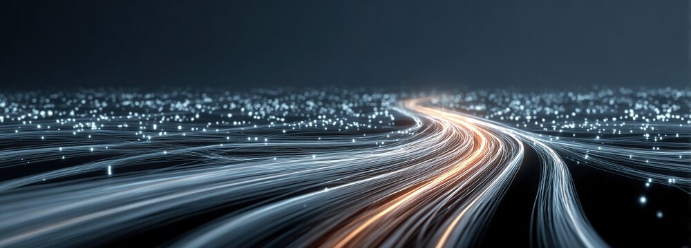 Abstract representation of smart traffic as glowing lines on dark background, flowing smoothly, vast negative space, urban tech concept.