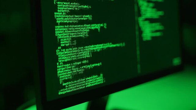 Computer screen displaying green code in a dimly lit setting.