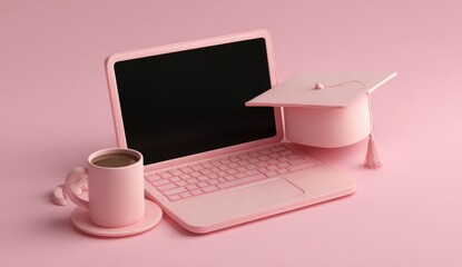 Digital Academia: The image showcases a minimalist study scene featuring a pink laptop, a graduation cap, and a mug of coffee, symbolizing modern learning and academic achievement.