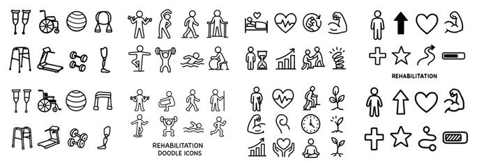 Rehabilitation doodle icons for physical therapy