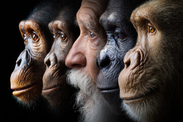 Evolutionary journey depicted through profiles of humans and primates across eras
