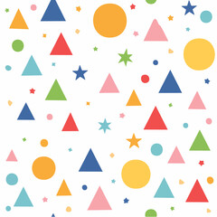 Colorful geometric shapes pattern. Triangles, circles, stars in various colors. White background. Seamless texture. Vector illustration.