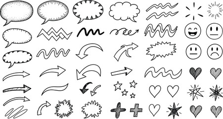 Hand-drawn doodle set with speech bubbles, arrows, hearts, stars, scribbles, and decorative sketch elements for comics, notes, highlights, and creative design projects
